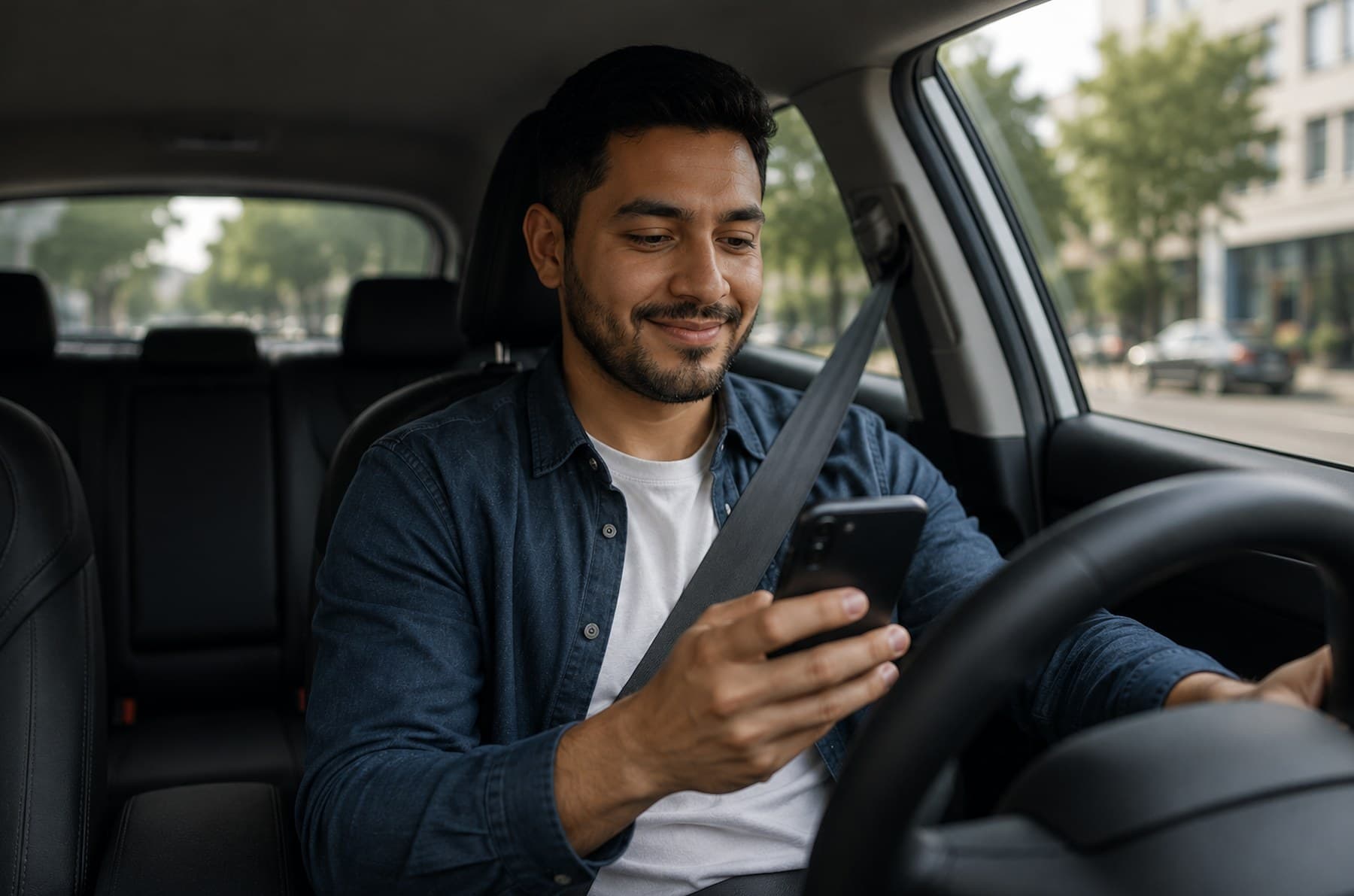 Un conductor sonríe mientras revisa su teléfono al volante de su auto